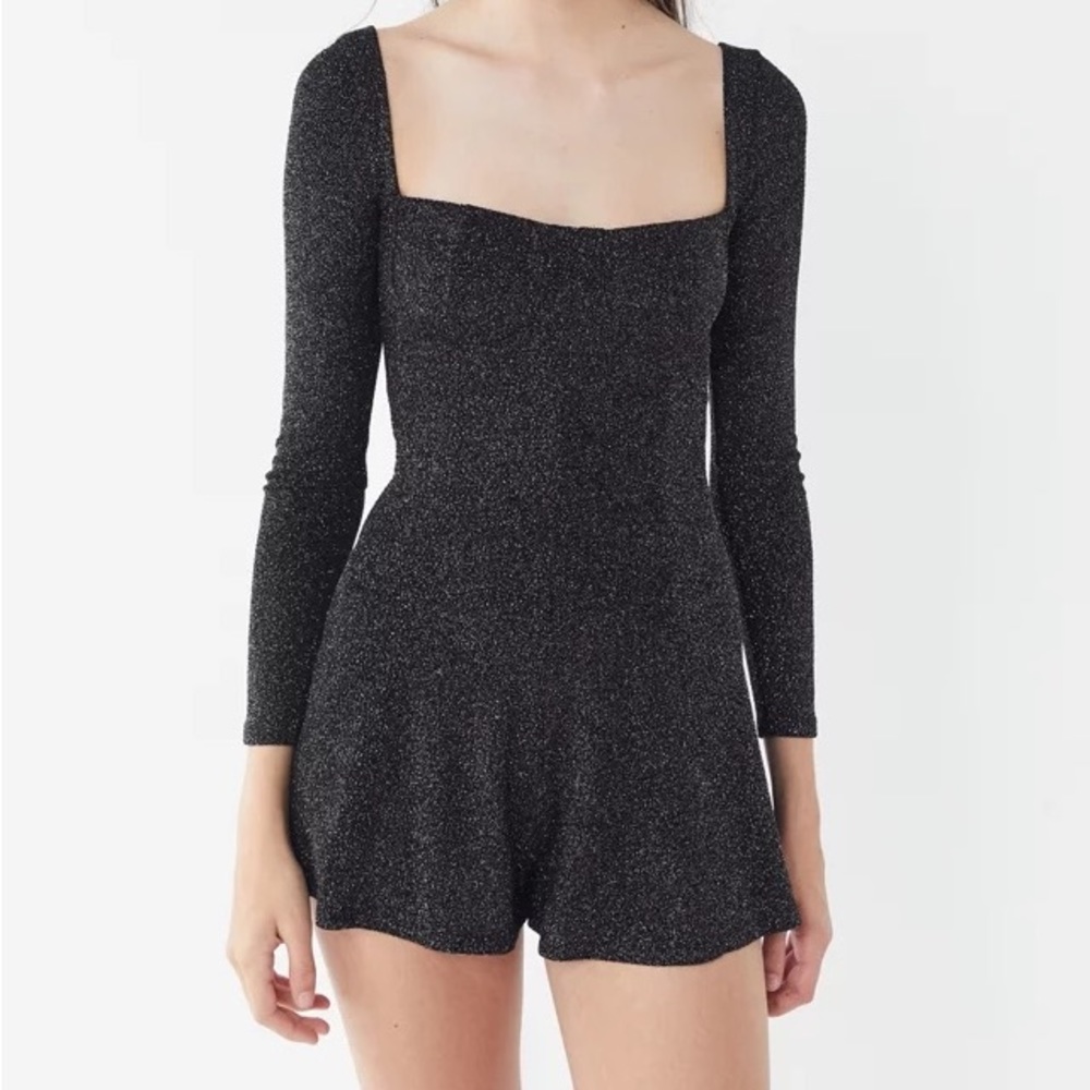 UO Brittany Sparkly Metallic Square-Neck Romper